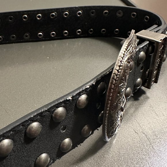 Double Buckle Waist Belt, Black with Pewter Buckles and Studded Rivets - Picture 4 of 6